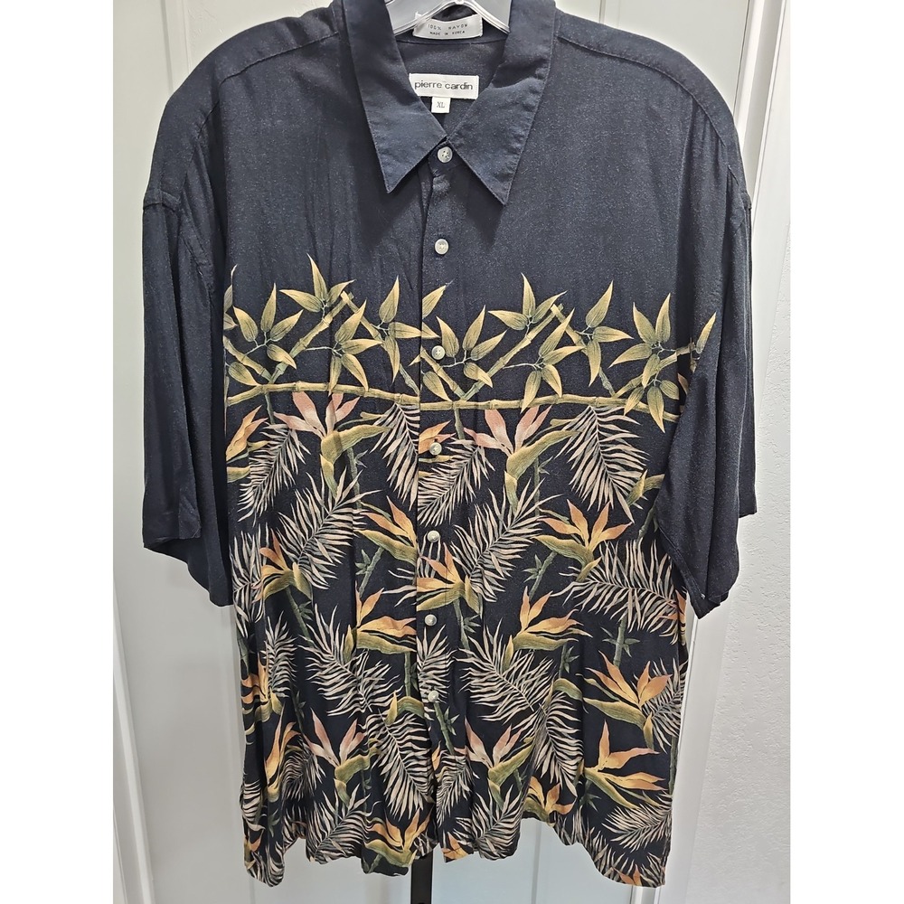 Pierre Cardin Mens XL 100% Rayon Hawaiian Shirt Black Tropical Leaf Aloha